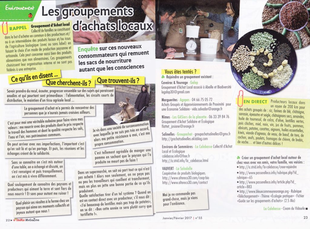 article sur les groupements d'achats : témoignages de membres de groupe d'achats, des adresses pour rejoindre des groupements dans la région de Sommières, des adresses pour savoir comment en créer un